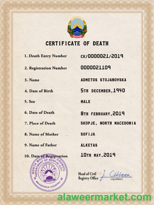 North Macedonia vital record death certificate PSD template